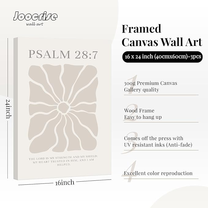 Scripture Christian Wall Art Set of 3 Beige Bible Verses Wall Decor Neutral Psalm Canvas Wall Art Modern Pictures Flower Prints Christian Artwork for Living Room Bedroom 16x24 Inch Ready to Hang