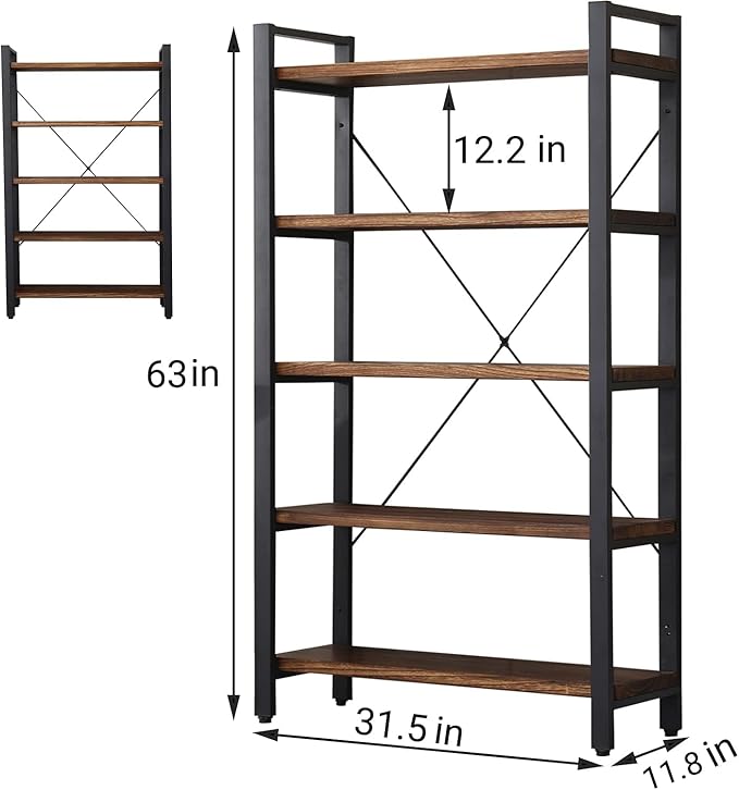 WH-AOERPUMY 5 Tier Bookcase, Solid Wood Bookshelf Rustic Vintage Industrial Etagere Bookcase, Metal and Wood Free Vintage Bookshelf, Retro Brown (5-Tiers)