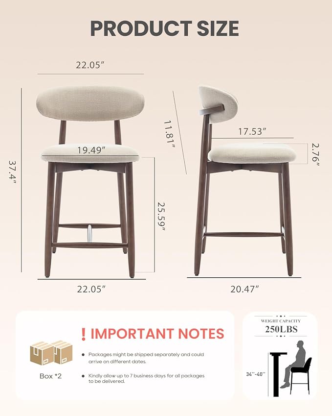 Bar Stools Set of 3, 25.6″ Counter Height Bar Stools with Wood Legs, Upholstered Modern Kitchen Barstools for Kitchen Island Dining Room Bar, Beige