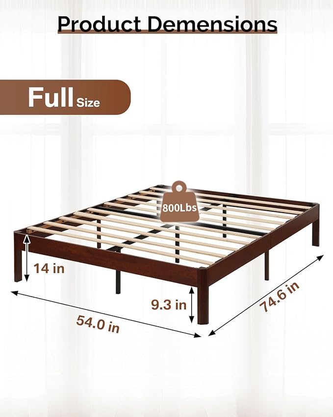 14 inch Sturdy Heavy Duty Wood Bed Frames with Wooden Slats, Full Size Platform Bed Frame, Natural Classic Design, Easy Set Up, No Box Spring Needed, Storage Space Under-Bed (Full)
