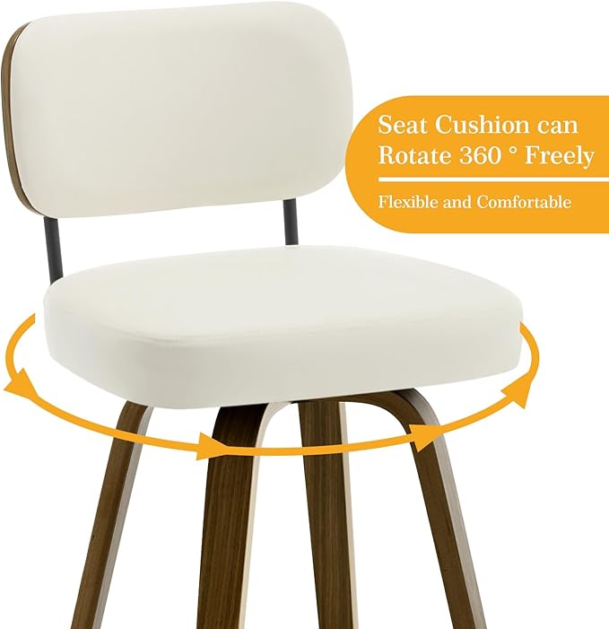 Bekrvio Swivel Counter Height Bar Stools Set of 4, 26" Upholstered Faux Leather Barstools with Back and Bent Wood Legs, Mid Century Modern Bar Chair Island Stool for Kitchen Counter, Cream White