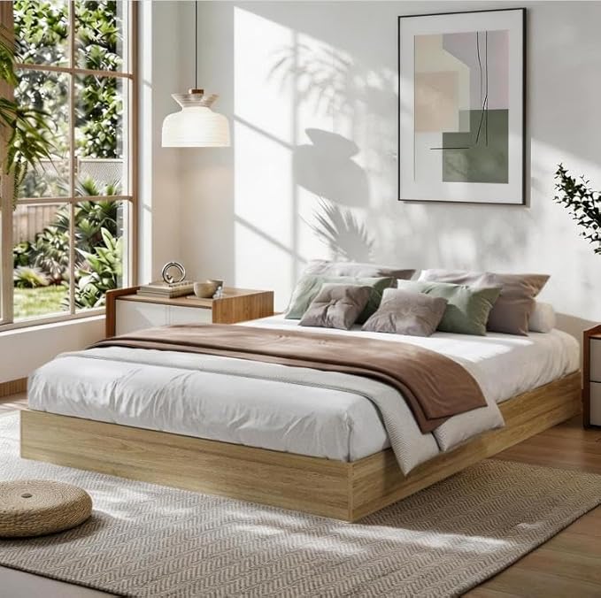Garvee Queen Size Solid Wood Platform Bed with Sturdy Wooden Slats, Floor-Standing Bed Frame, Modern Minimalist Design Bed Frame, No Box Spring Needed, Space Saver, Easy Assembly, Golden Tan Wood