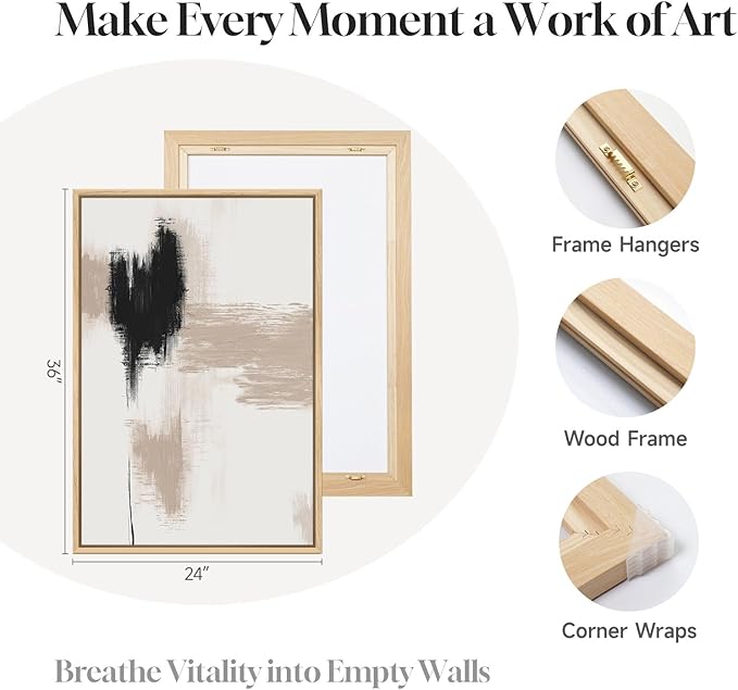 Framed Large Neutral Abstract Wall Art for Living Room, 3 Piece Modern Canvas Artworks, Minimalist Painting Prints for Dining Room Hallway Home Office Wall Decor, 24x36 In