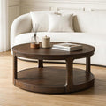 WILLIAMSPACE 40" Round Coffee Table with Wheels, Circle 2 Tier Solid Wood Center Coffee Table, Mid Century Retro Farmhouse Rounded End Table for Living Room Apartment, ø40 x 17.52" H (Dark Brown)