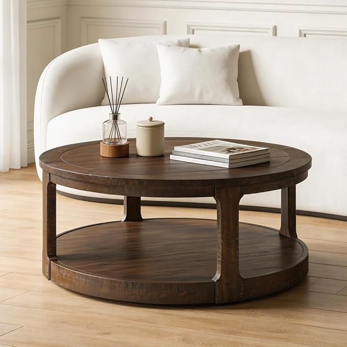WILLIAMSPACE 40" Round Coffee Table with Wheels, Circle 2 Tier Solid Wood Center Coffee Table, Mid Century Retro Farmhouse Rounded End Table for Living Room Apartment, ø40 x 17.52" H (Dark Brown)