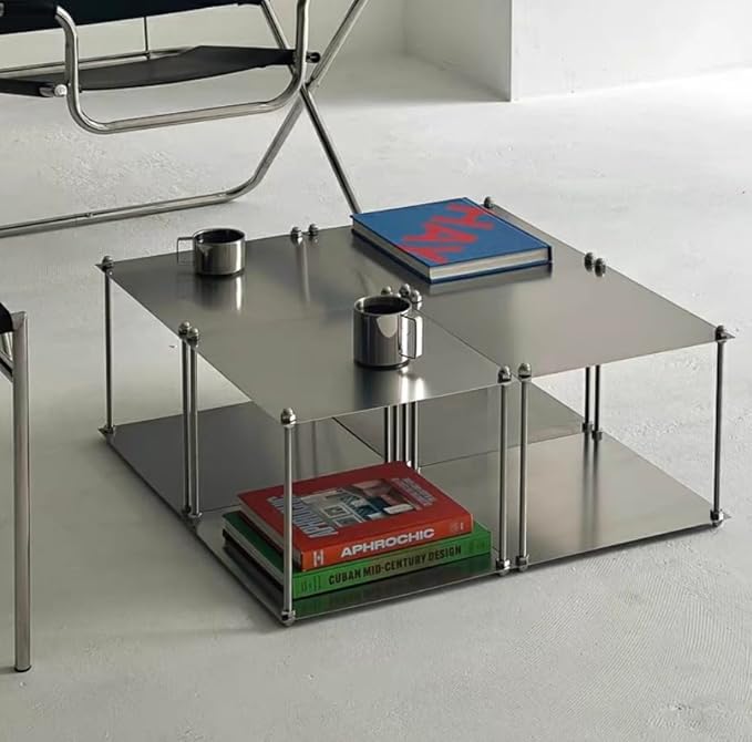 Modular Stainless Steel Shelving Unit, Silver Metal Storage Rack, Modern Living Room Side Table,Coffe Table (H12.6'')