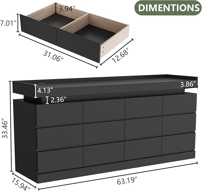 Gyfimoie 12 Drawer Dresser with Power Outlet, Dresser with LED Light, Modern Chest of Drawers for Closet, Double Wide Drawer Organizer Cabinet for Bedroom, Living Room (Black, 12 Drawers)