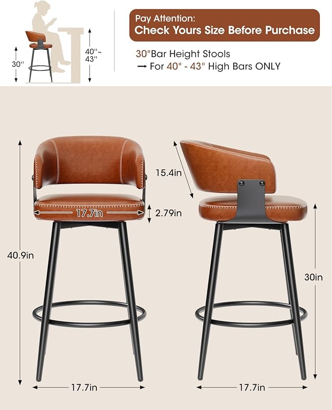 Bar Stools Set of 4, 30" Swivel Bar Height Bar Stools with Curved Back, Mid-Century Modern Faux Leather Bar Chairs with Stitching for Kitchen Island, Dining, Living Room, Vintage Brown