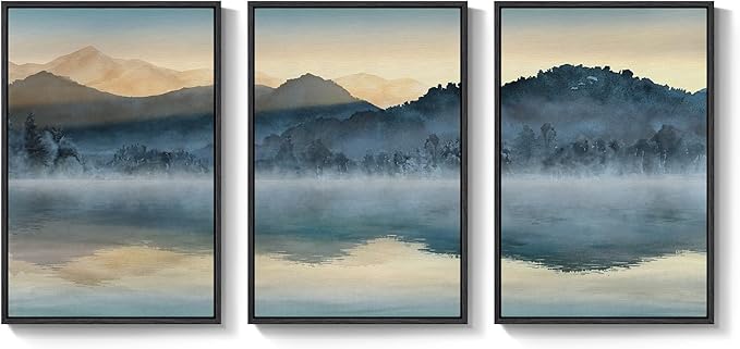 Framed Watercolor Mountain Wall Art for Living Room, Large Lake Nature Landscape Artwork for Walls, 3 Piece Blue Foggy Scenic Aesthetic Canvas Painting Prints for Office Hallway Wall Decor, 24x36 Inch