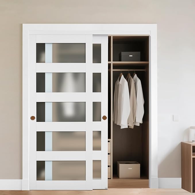 VEVOR Sliding Closet Door, 60" (Double 31") x 80", 5-Lite Frosted Glass with Hardware Kit & Floor Guide, Solid Wood & MDF Slab with Waterproof PVC Surface, Pre-Drilled Doors Panel, Need to Assemble