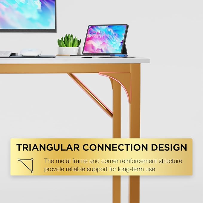 PayLessHere | 39 Inch Computer Desk | White Gold | Office Desk with Metal Frame, Adjustable Feet | Water-Resistant, Scratchproof Surface | Sturdy Writing Table for Home Office or Study | Pack of 1