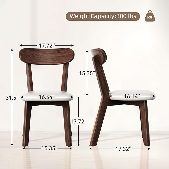 Dining Chairs Set of 4 Mid-Century Modern Oak Upholstered Leather Scandinavian Solid Wood Kitchen & Dining Room Chairs with Curved Backrest Sillas de Comedor for Dining Table(Walnut/Beige)
