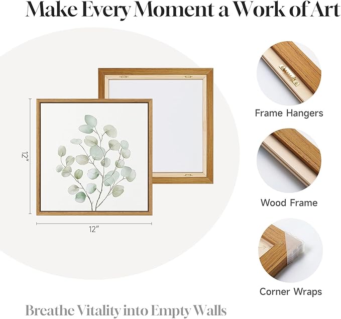 Framed Botanical Boho Wall Art, Set of 4 Piece Sage Green Plant Leaf Picture Artworks for Walls, Minimalist Canvas Painting Prints for Bathroom Washroom Living Room Bedroom Office Wall Decor, 12x12 In
