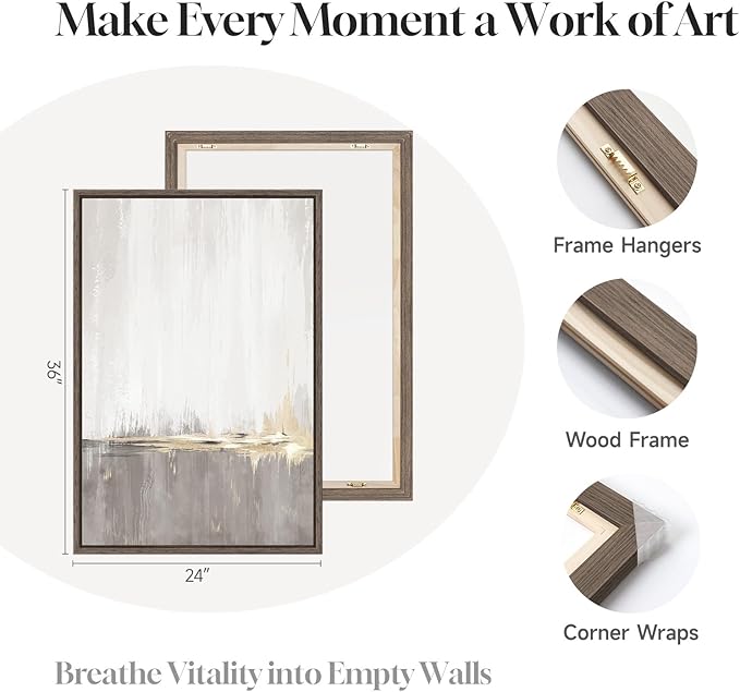 Large Framed Neutral Abstract Wall Art for Living Room, 3 Piece Gray Tan White Gold Canvas Prints, Modern Minimalist Grey Landscape Painting Artworks for Entryway Hallway Office Wall Decor, 24x36 In