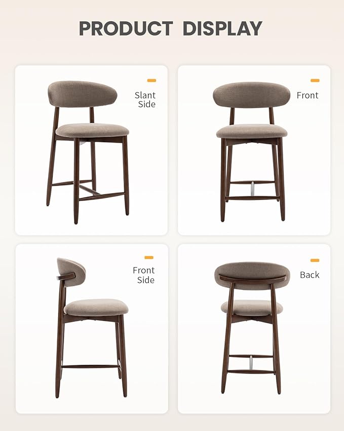Bar Stools Set of 6, 25.6″ Counter Height Bar Stools with Wood Legs, Upholstered Modern Kitchen Barstools for Kitchen Island Dining Room Bar, Camel