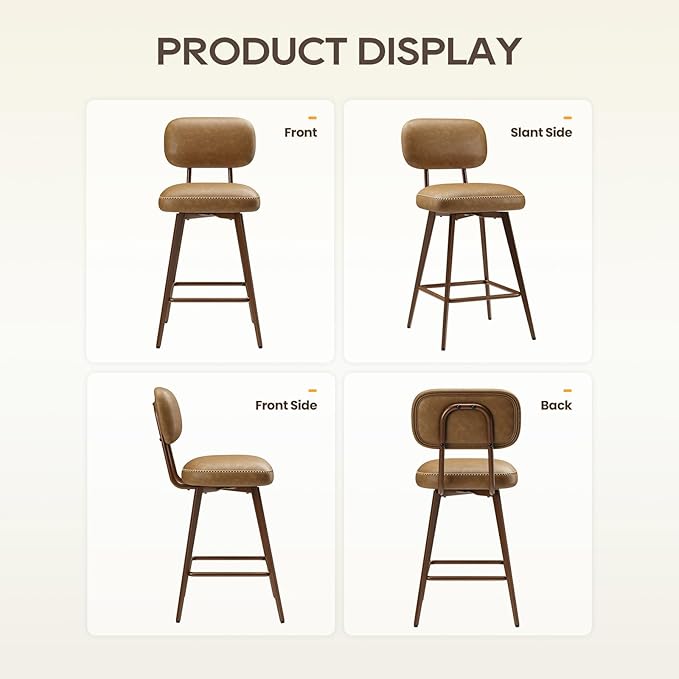 MALOL 26“ PU Leather Swivel Bar Stools Set of 3, Mid Century Counter Height Bar Chairs with Low Back and Metal Legs, Modern Bar Stool Chair for Kitchen Island, Brown