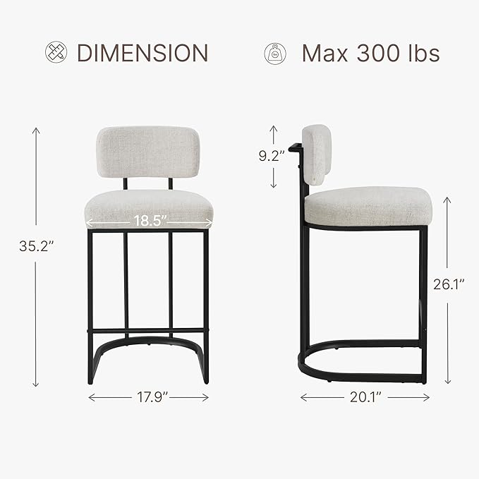 26" H Counter Height Bar Stools Set of 3, Modern Linen Fabric Upholstered Barstools with Backrest for Kitchen Island, Black Metal Frames, Wheat
