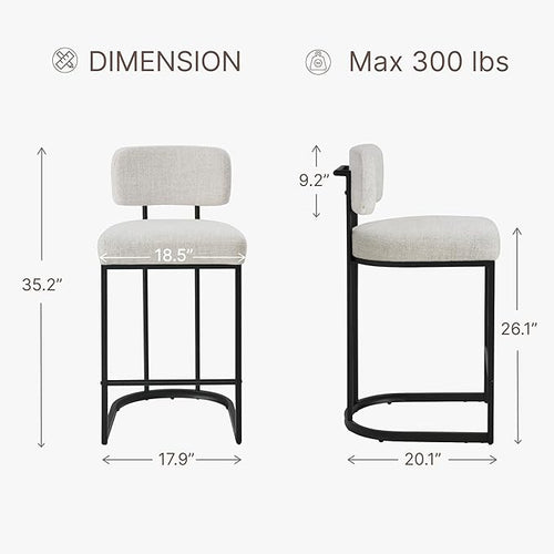 26" H Counter Height Bar Stools Set of 2, Modern Linen Fabric Upholstered Barstools with Backrest for Kitchen Island, Black Metal Frames, Wheat