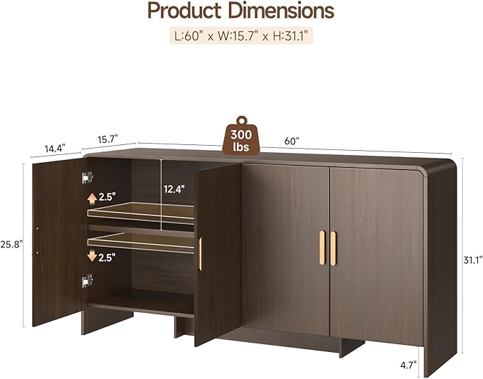 ONBRILL 60" Sideboard Buffet Cabinet with Storage, Curved Design Farmhouse Modern Coffee Bar Cabinet with 4 Doors & Adjustable Shelves for Living Room, Kitchen, Hallway, Walnut