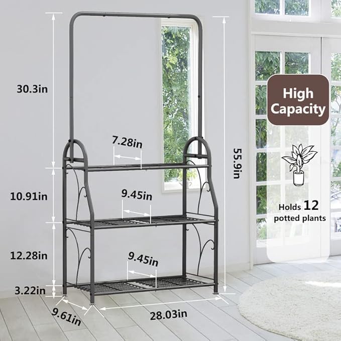 SORCEDAS Plant Stand Indoor Outdoor 3 Tier Tall Corner Hanging Plant Shelf Metal Flower Stands Ladder Plant Holder for Living Room Balcony Garden Patio Multiple Plants, Dark Grey
