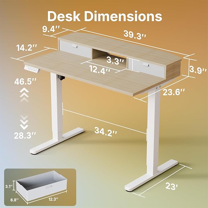 HUANUO 40 x 24 inch Small Electric Standing Desk with 2 Drawers, C-Clamp Mount Compatible, Height Adjustable Sit Stand Desk, Home Office Stand Up Desk with 4 Memory Height Settings, Light Walnut