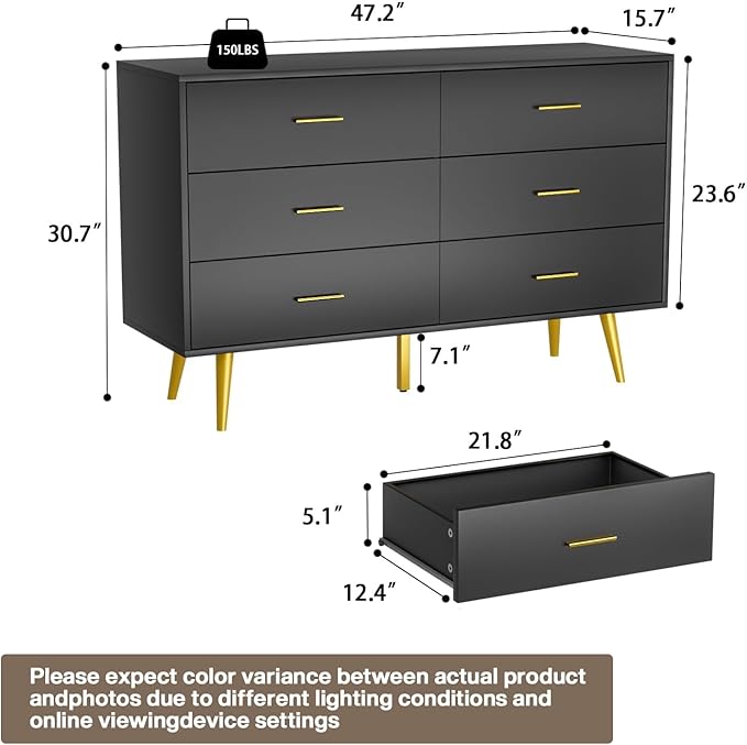 CARPETNAL Black Dresser for Bedroom, 6 Drawer Dresser with Wide Drawers and Gold Metal Handles, Wood Dressers & Chest of Hallway, Entryway.