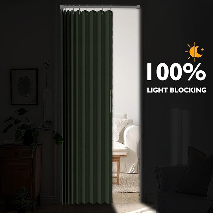 Jilron 100% Blackout Fabric Folding Door Curtain with Magnetic Closure - Accordion Style for Sliding Doors, Closets,Wardrobe and Temporary Door Solutions Doorway Curtains（W42 x L78, Green，1 Panel）