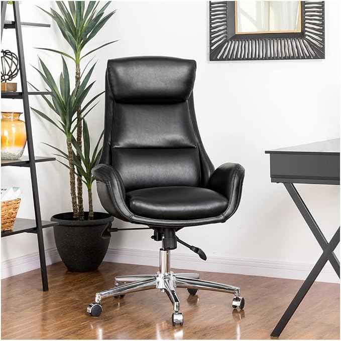 Glitzhome Mid-Century Modern Air Leatherette Adjustable Task Chair Swivel High Back Office Chair Computer Desk Chair with Armrest(Black)