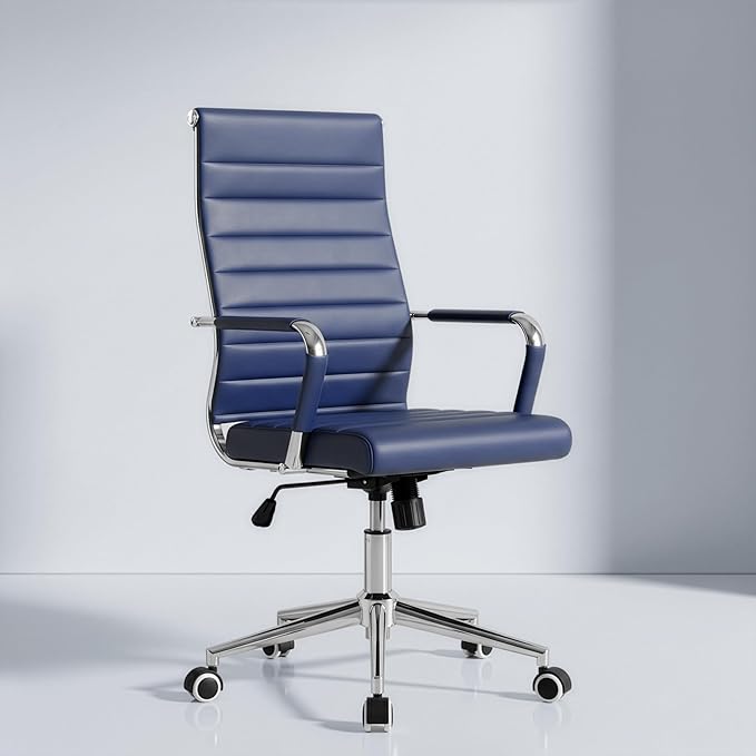 Okeysen Navy Blue Office Desk Chair, Ergonomic Leather Modern Conference Room Chairs, Executive Ribbed Height Adjustable Swivel Rolling Chair for Home Office.