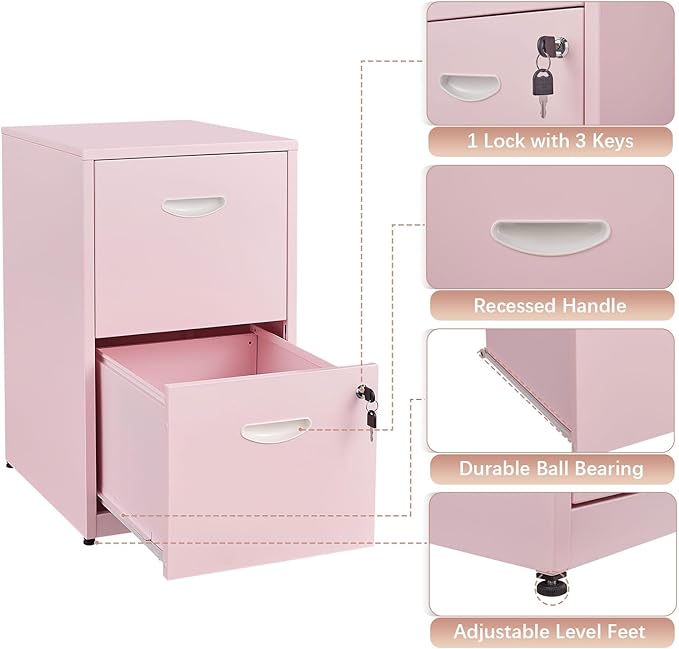 Polup Pink Under Desk File Cabinet, 2 Drawer Locking Cabinet for Home Office, Letter Size - Assembly Required