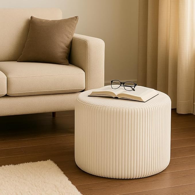 Corduroy White Ottoman Foot Rest Stool – Textured Boucle Corduroy Fabric Footstool with Soft Foam, Round Lightweight Pouf for Cozy Living Room, Bedroom – Warm White