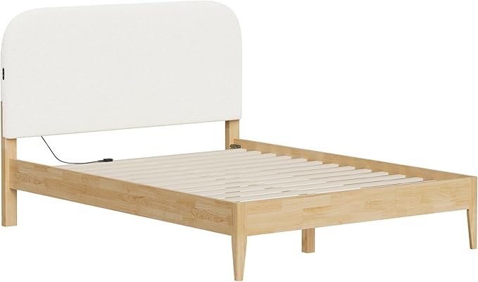 KISLOT Wood Bed Frame with USB & Type-C Charging, Boucle Platform Bed with Upholstered Headboard Mattress Foundation No Box Spring Needed Easy Assembly