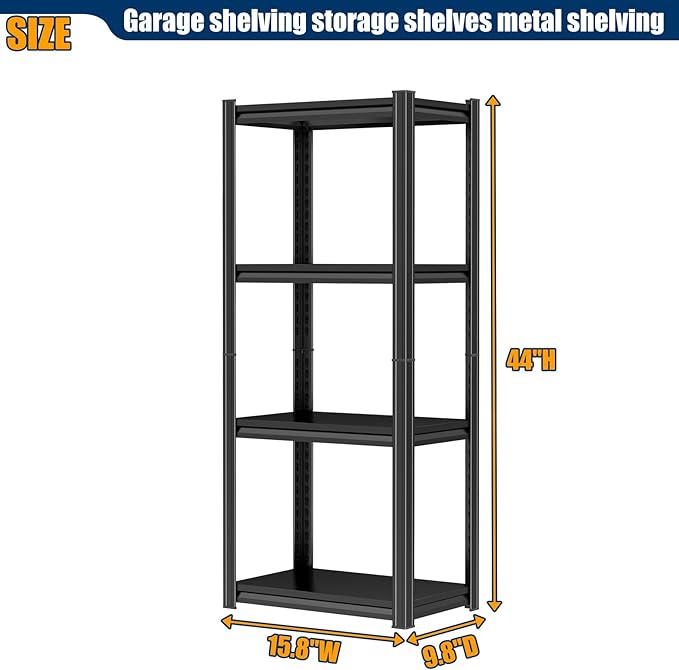 PRESTELION 44" H Metal Shelf 4-Tier Storage Shelves 2000LBS Garage Shelving Unit Adjustable Shelf for Basement, Warehouse, Pantry, Closet, Kitchen 44" H x 15.8" W x 9.8" D, Black