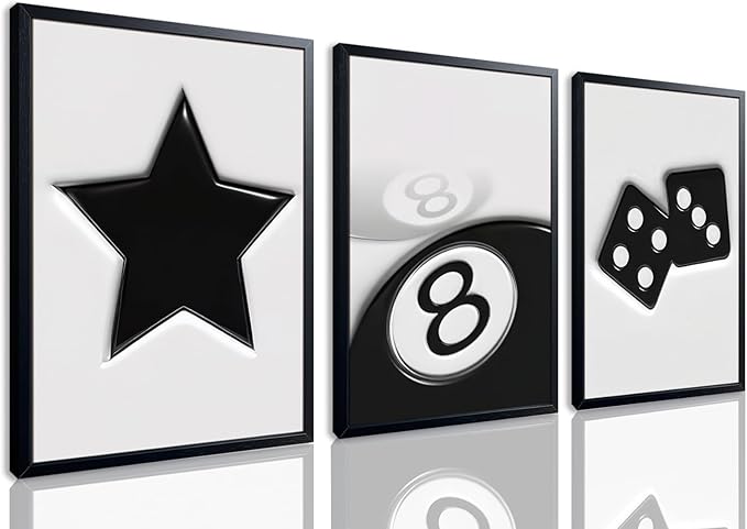 Black And White Wall Art Set of 3, Vintage Y2k Dice 8 Ball Canvas Prints Painting, Funky Lucky Preppy Posters Pictures For Game Room Apartment Dorm Teenager Room Wall Decor 16x24 Inch Framed