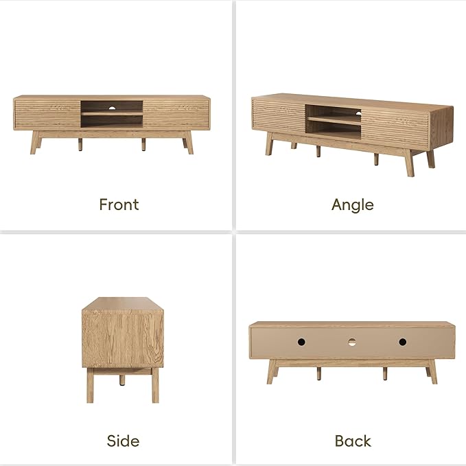 MU 59 Inch TV Stand for TVs up to 65 Inch, Mid Century Modern TV Console with Fluted Sliding Doors & Shelves, Low Profile Entertainment Center for Bedroom, Living Room (Oak, 59")
