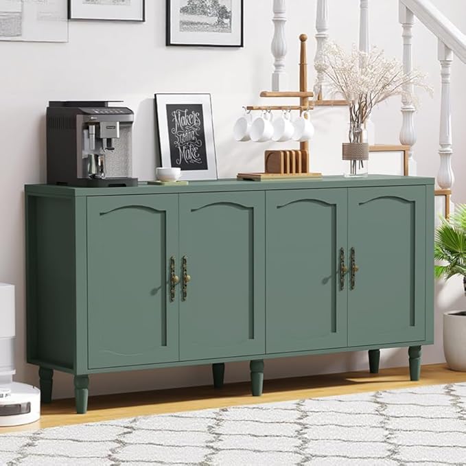 fineway 63" Sideboard Buffet Cabinet, Mid Century Modern Credenza Storage Cabinet with Carved Handle & Adjustable Shelves, Buffet Table Kitchen Coffee Bar for Living Room Dining Room - Green