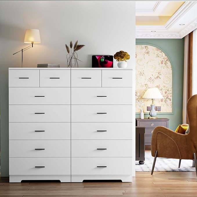 FJTJBSI 47.3" Tall Dresser for Bedroom Chests of Drawers with Charging Station 7 Drawer Dressers with Metal Slide Rail Modern Wood Closet Organizer with Large Storage for Home Office Entryway