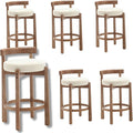 LukeAlon Mid Century Linen Counter Stools Set of 6, Upholstered 26.5” Seat Height Low Barstools with Natural Wood Legs Round Low Back Kitchen Stools with Footrest for Dining Room, Beige