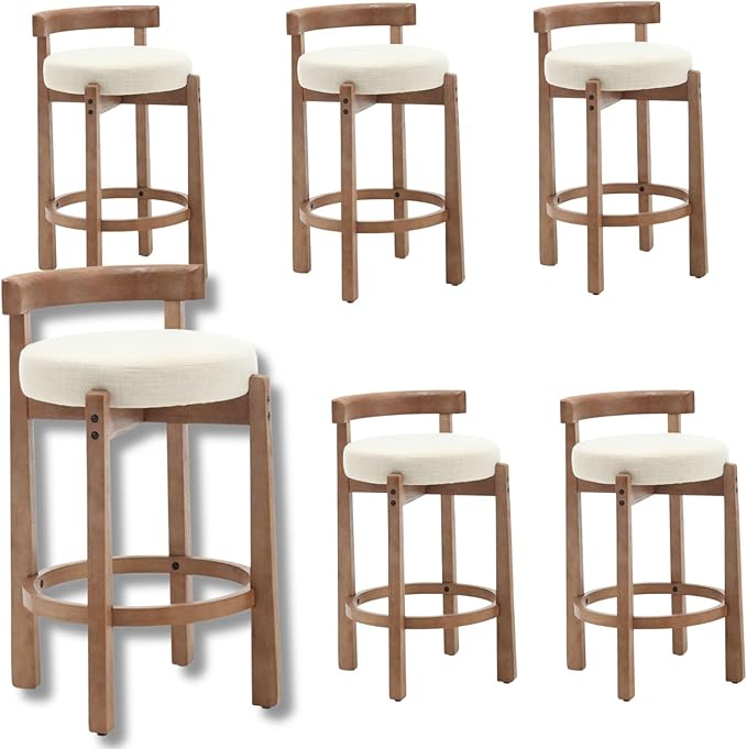 LukeAlon Mid Century Linen Counter Stools Set of 6, Upholstered 26.5” Seat Height Low Barstools with Natural Wood Legs Round Low Back Kitchen Stools with Footrest for Dining Room, Beige