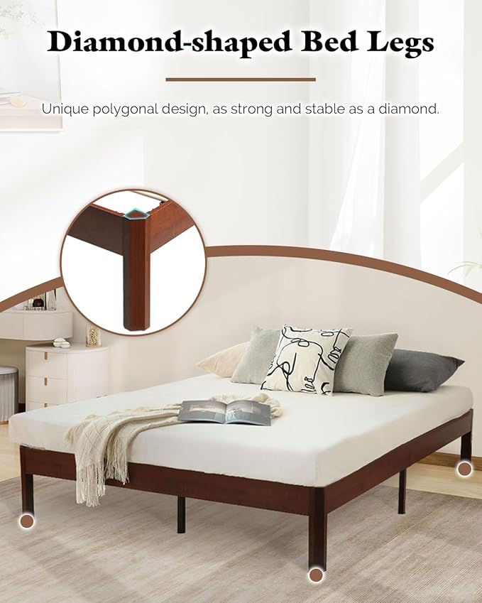 14 inch Sturdy Heavy Duty Wood Bed Frames with Wooden Slats, Full Size Platform Bed Frame, Natural Classic Design, Easy Set Up, No Box Spring Needed, Storage Space Under-Bed (Full)