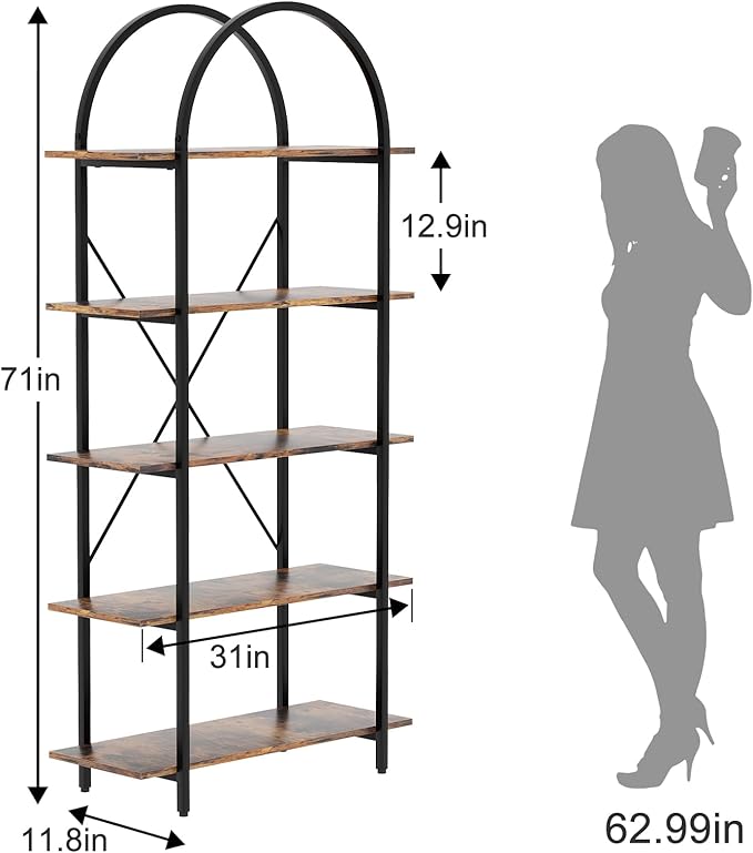 Arbuxzuy Arched Bookshelf 5 Tier Book Shelf, 31.5 Inch Width Industrial Arch Bookcase, Curved Tall Bookshelf with Open Shelves for Home Office, Living Room, Bedroom, Rustic Brown