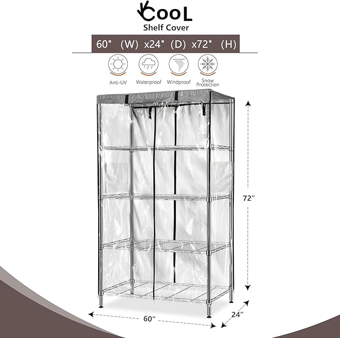 okcool Waterproof Shelf Cover,600D Heavy Duty Wire Shelving Unit Cover,Three Side See Through Panel Clearly Visible (Fits 60" Wx24 Dx72 H Shelves)