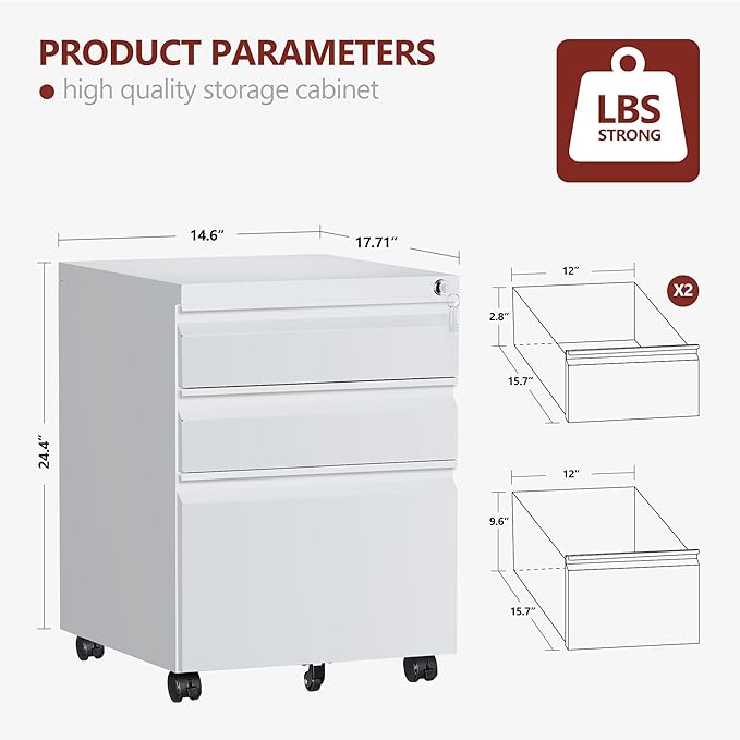 RAVIGIN 3 Drawer File Cabinet，Mobile Filing Cabinet with Lock and Wheels，Fully Assembled Metal Under Desk File Cabinets for A4/Letter/Legal Size（White