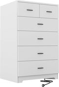FJTJBSI Dresser with Power Outlets Wooden 6 Drawer Dresser with Large Organizer White Tall Storage Organizer with Smooth Metal Rail Modern Chest of Drawers Closet for Bedroom Hallway