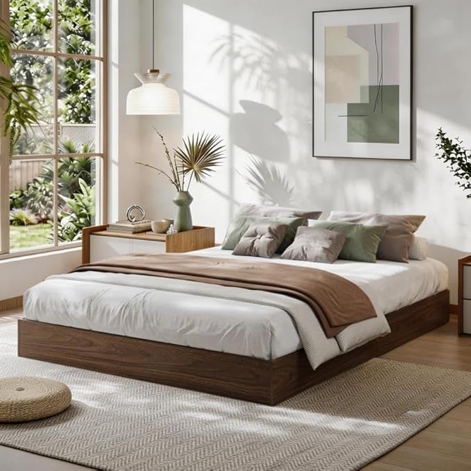 Full Size Solid Wood Platform Bed with Sturdy Wooden Slats, Floor-Standing Bed Frame, Modern Minimalist Design Space-Saving Bed Frame, No Box Spring Needed, Space Saver, Easy Assembly, Walnut Wood