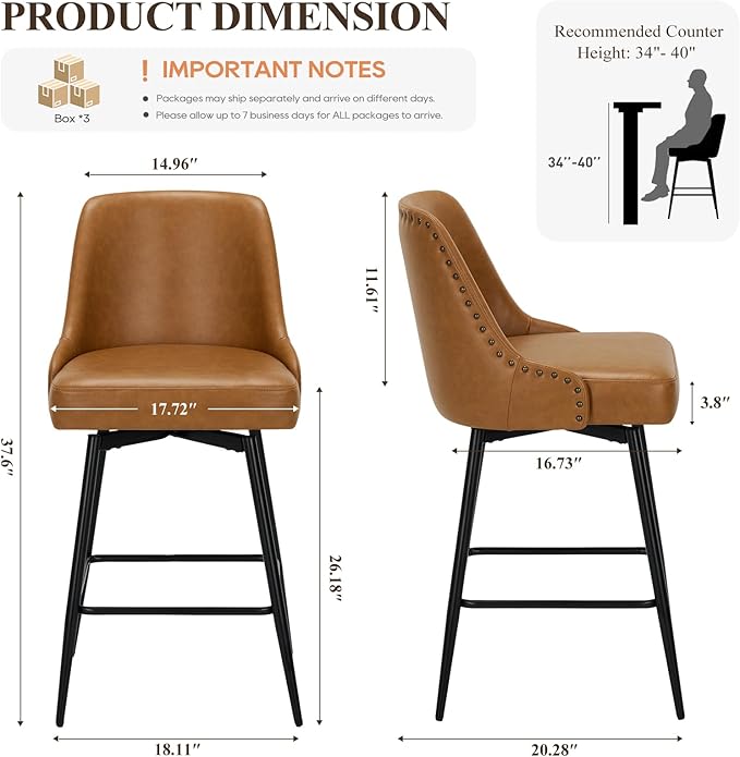 MALOL Bar Stools Set of 6, 26" Swivel Counter Height Chairs with Back,Thick Padded Seat & Footrest,Modern Faux Leather Barstool for Kitchen Island,Dining Room,Pub,Brown
