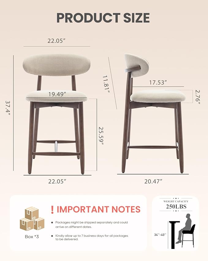 Bar Stools Set of 6, 25.6″ Counter Height Bar Stools with Wood Legs, Upholstered Modern Kitchen Barstools for Kitchen Island Dining Room Bar, Beige