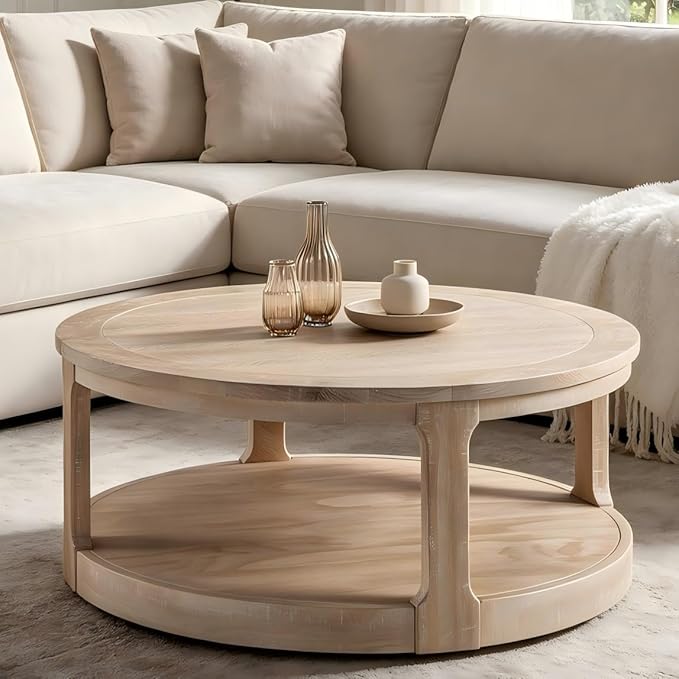 KEVINSPACE Round Coffee Table 40" Circle Coffee Table for Living Room 2-Tier Solid Wood Desktop Center Table Modern Design Accent Center Table Home Furniture for Bedroom, Home Office Oak