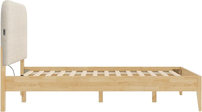 KISLOT Wood Bed Frame with USB & Type-C Charging, Boucle Platform Bed with Upholstered Headboard Mattress Foundation No Box Spring Needed Easy Assembly