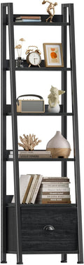 Furologee 6 Tier Ladder Shelf,Ladder Bookshelf with Drawer,Industrial Tall Bookcase,Storage Rack Organizer,Wood Metal Freestanding Shelves for Living Room, Home Office, Bedroom,Black Oak